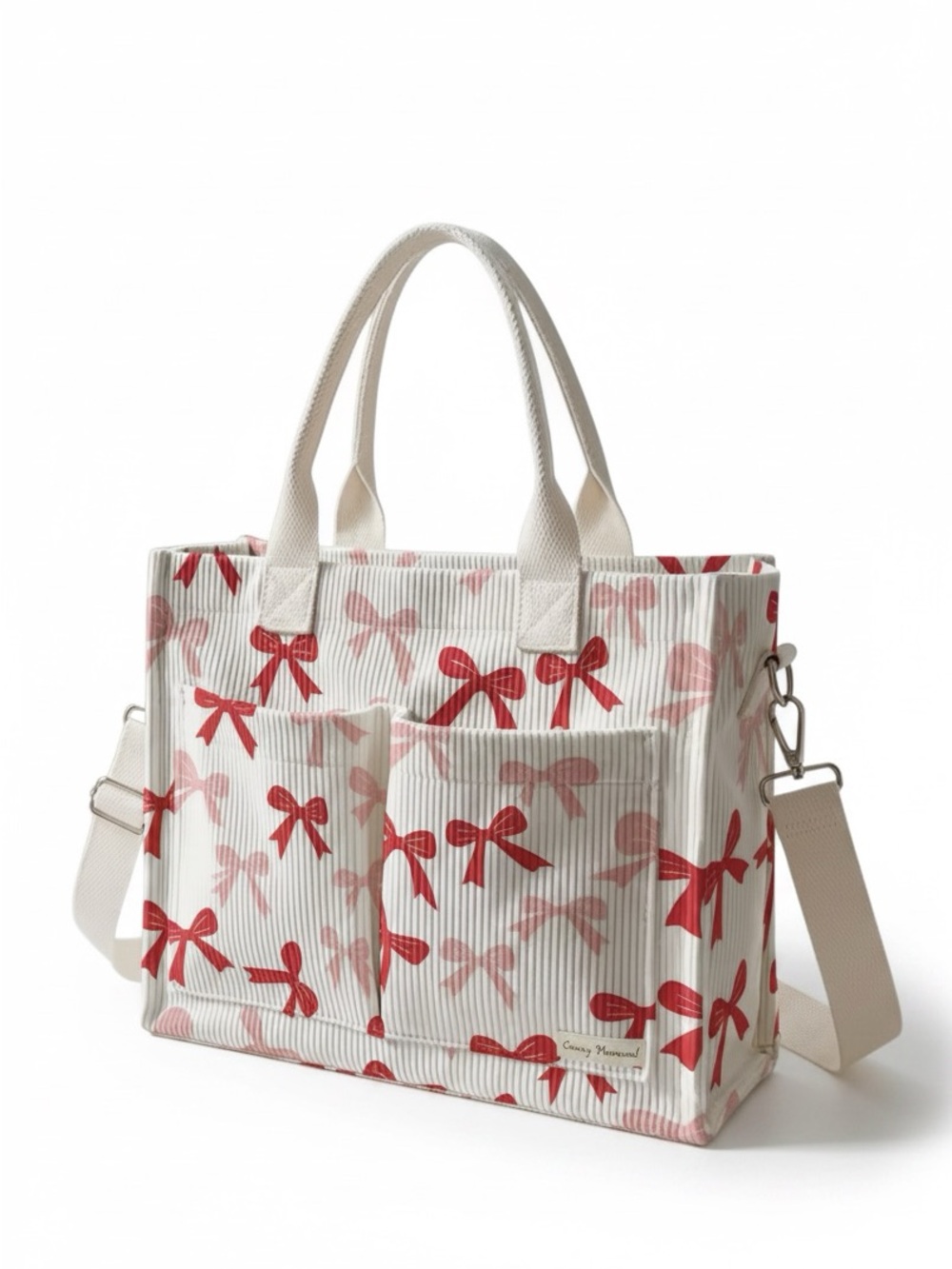 Cream Tote Bag with Red Bow Print - excellent quality
